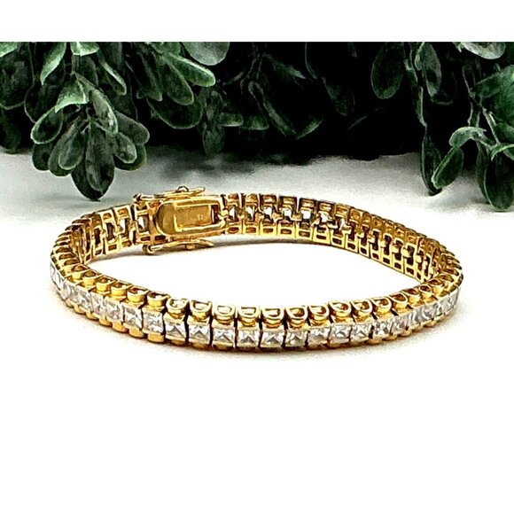 Gold-Tone Tennis Bracelet With Clear Square CZ Stones In Prong Setting - Picture 1 of 7